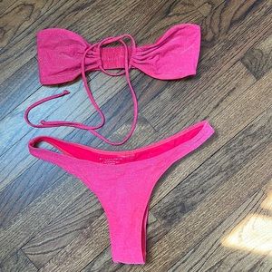 Minimal back coverage. Bright coral sparkle bikini. Top:small;bottoms:medium